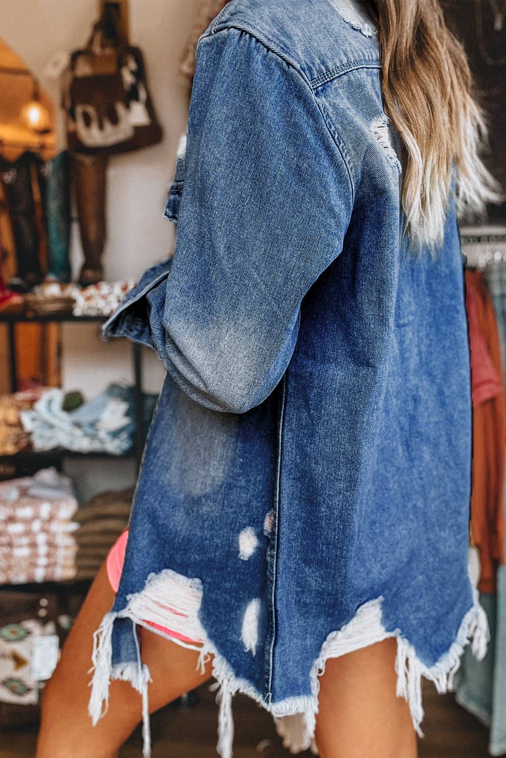 Denim Distressed Raw Edge Long Jacket