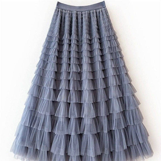 Solid Color High-Waisted Tulle Puffy Midi Skirt