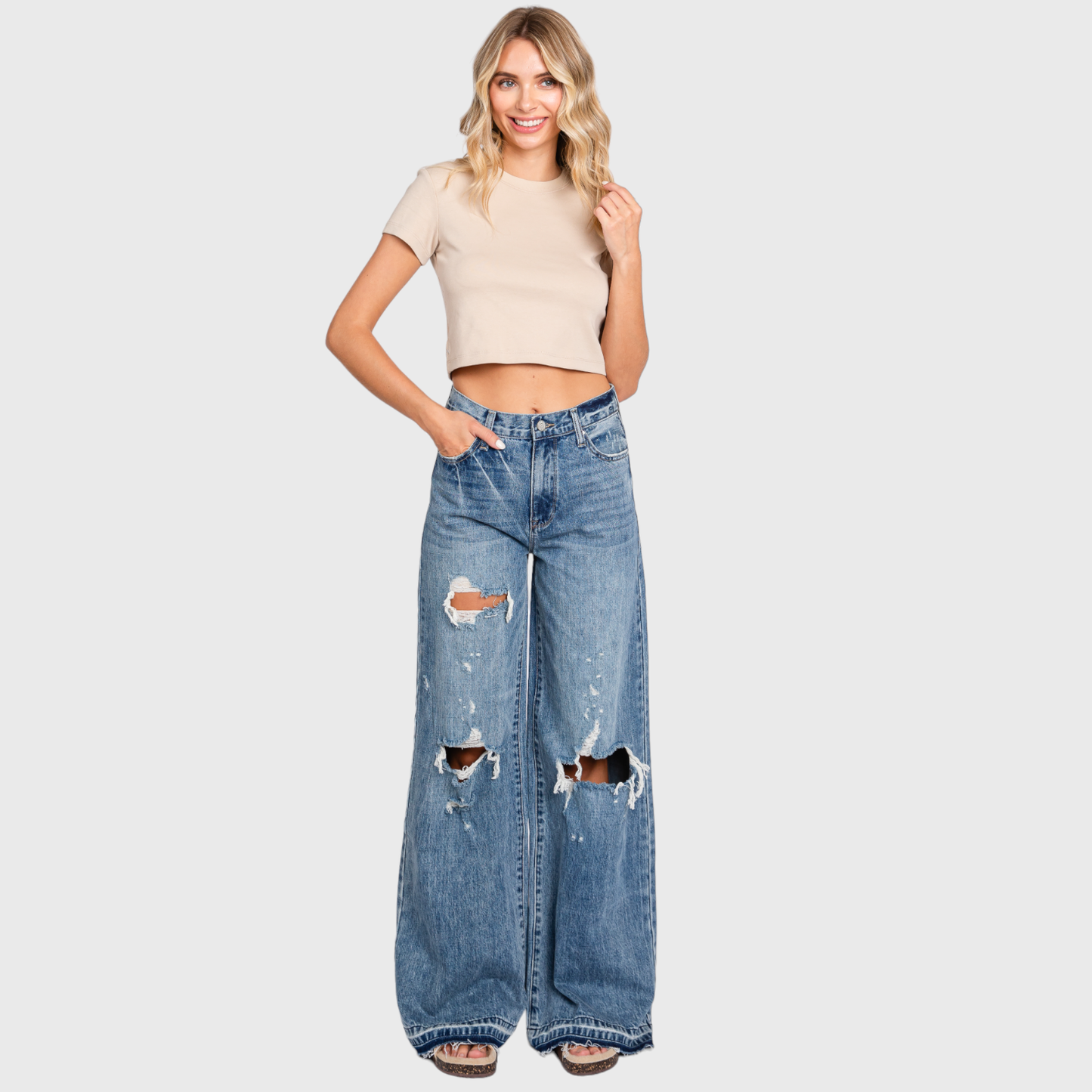 DISTRESSED HIGH RISE RIGID VINTAGE WIDE LEG JEANS