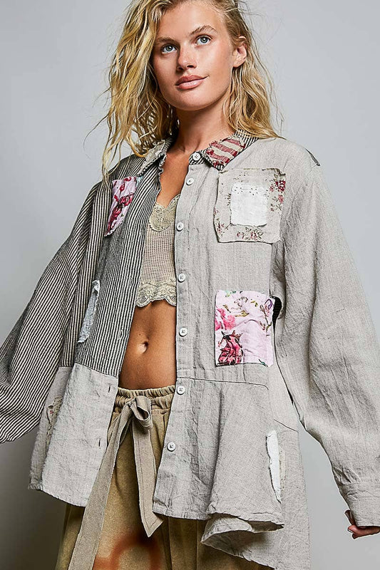 Crafted Vintage Floral Patchwork Linen Textured Shirt Jacket
