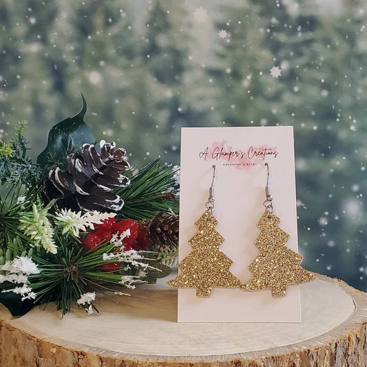 Gold Glitter Christmas Tree Leather Earrings