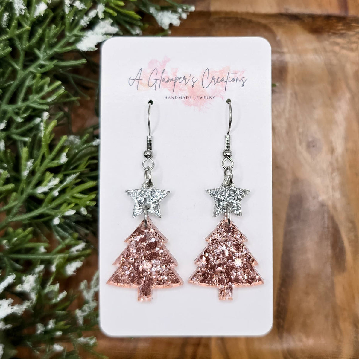Silver & Rosegold Glitter Christmas Tree Acrylic Earrings