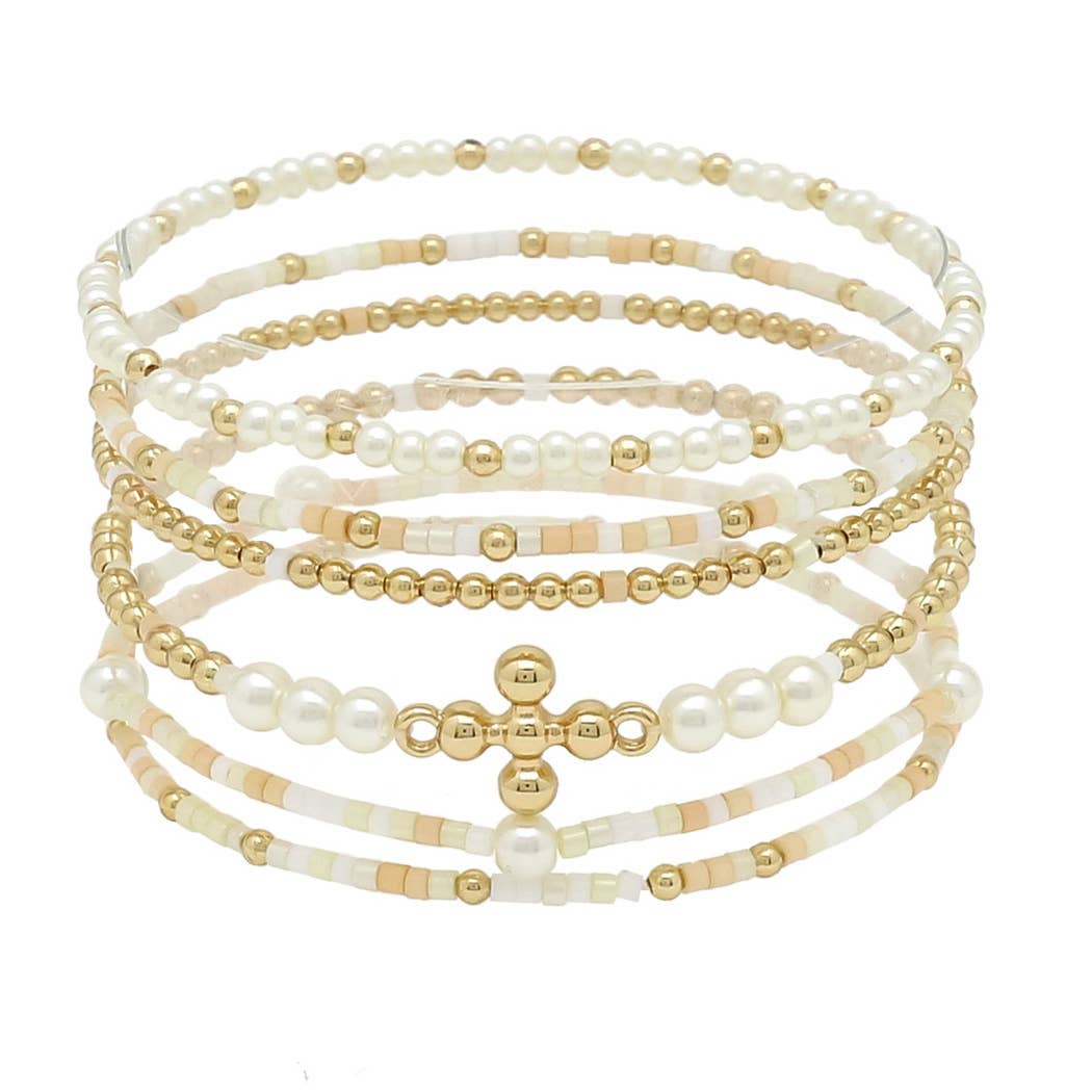 CROSS ACCENT DAINTY MULTI LAYERED BEADED STRETCH BRACELET