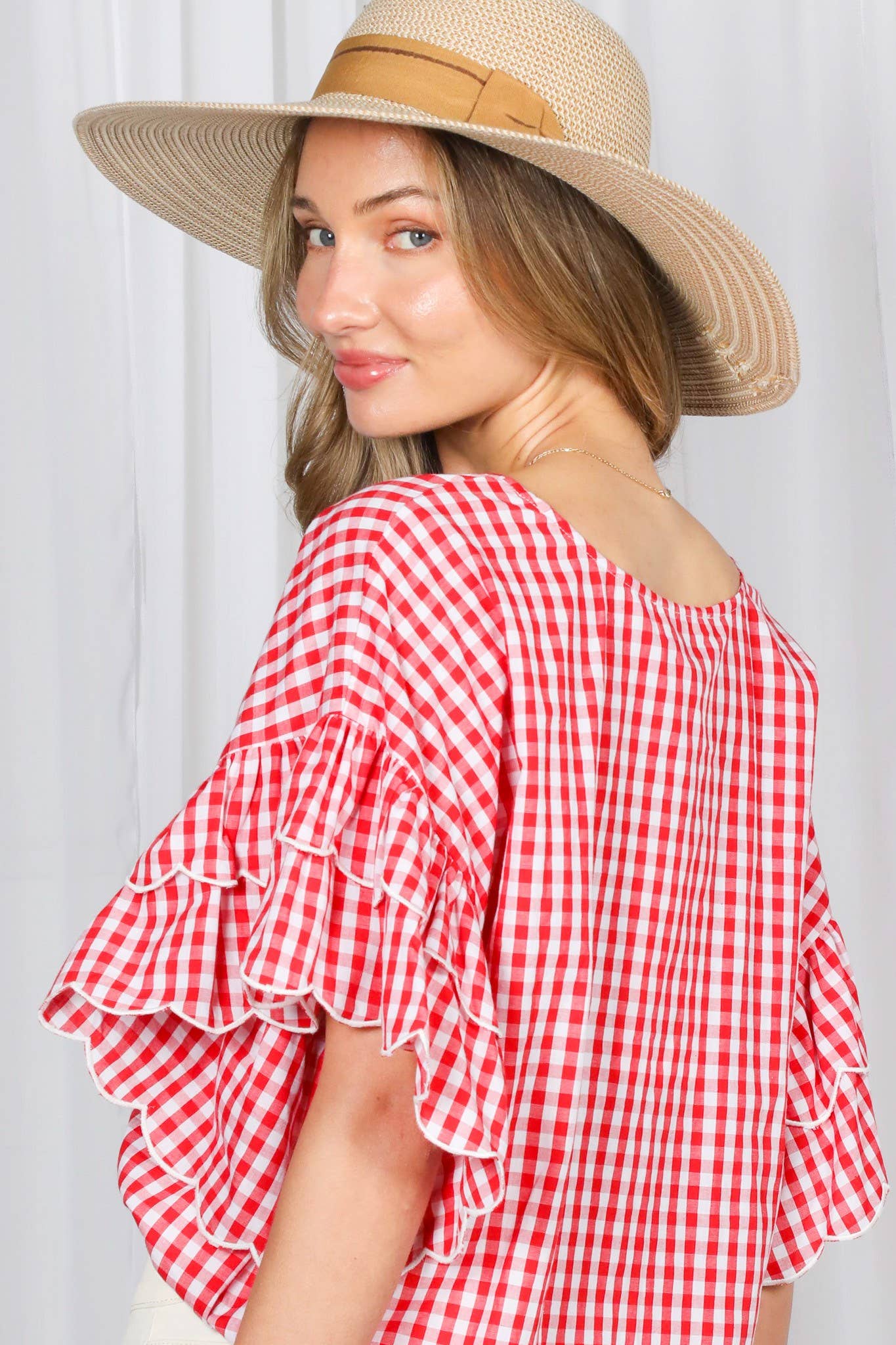 Charming Gingham Scallop Edge Wild Ruffle Cotton Top VT83548