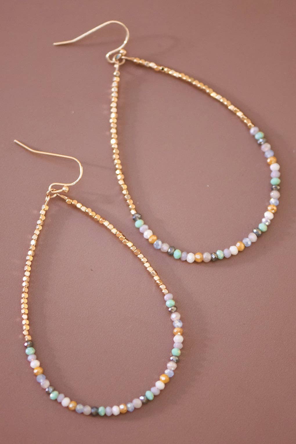 Teardrop Wire Beaded Earrings with Glass Crystals - 6111