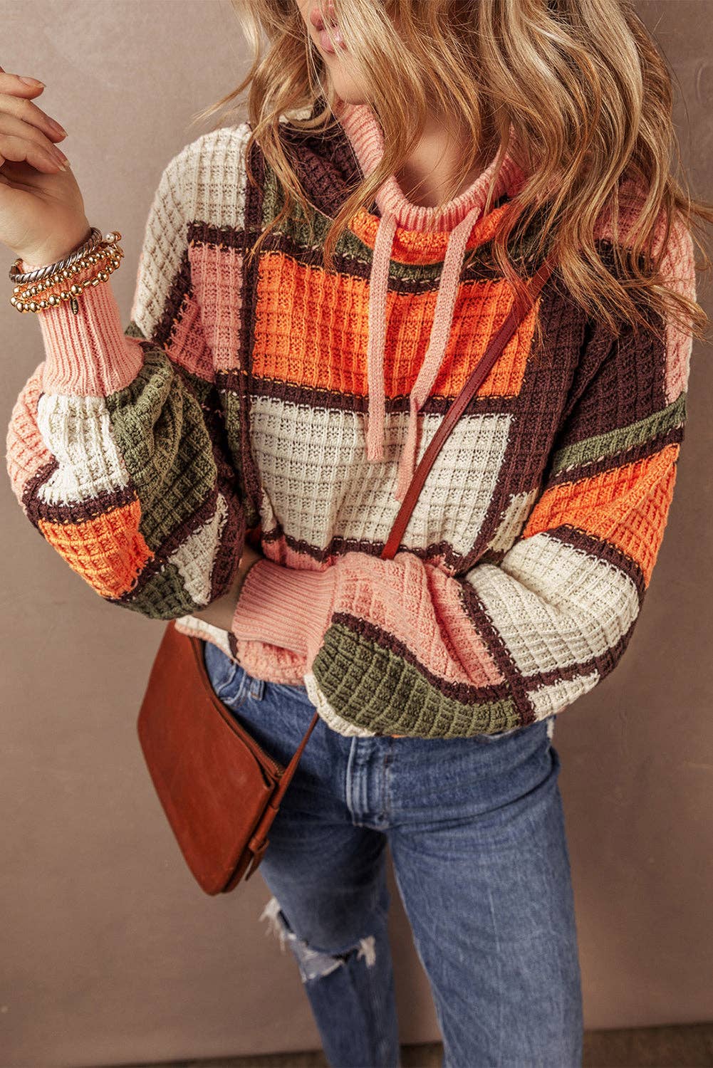 Colorblock Waffle Knit Cowl Sweater