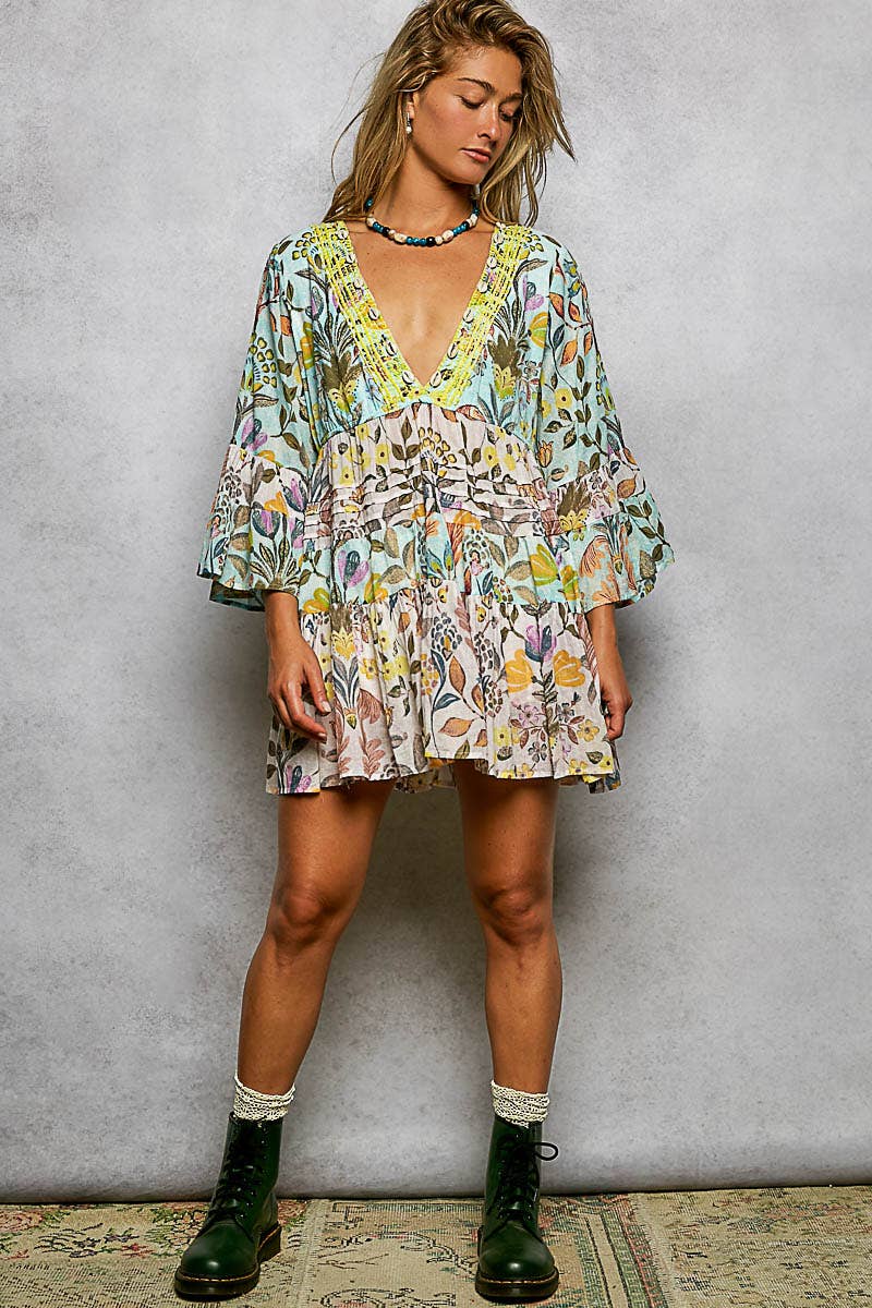 3/4 Sleeveless V-neck Seashell Shape Printed Woven Dress