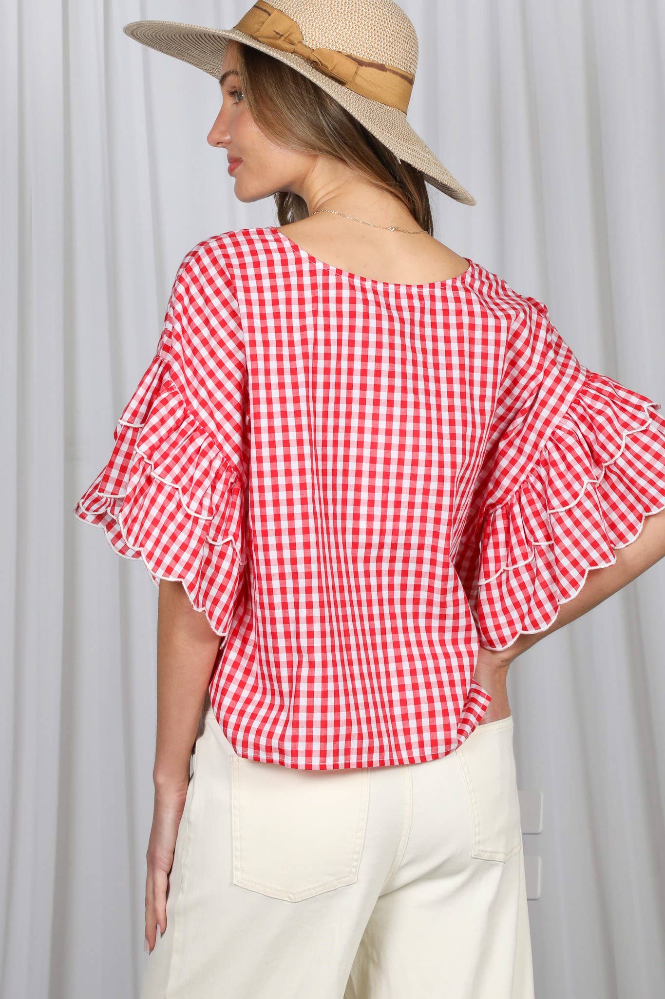 Charming Gingham Scallop Edge Wild Ruffle Cotton Top VT83548