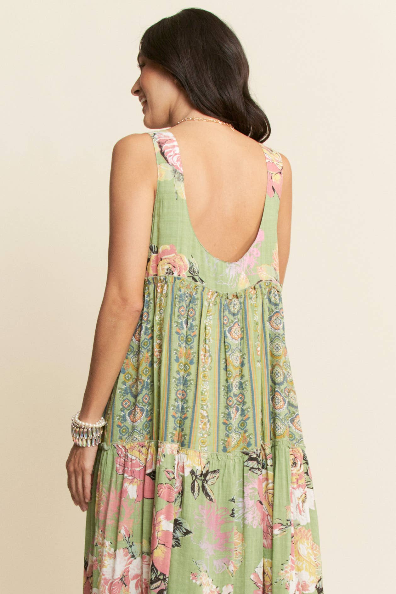 FLORAL BOHO STRIPE MIXED FULL SKIRT MIXI DRESS