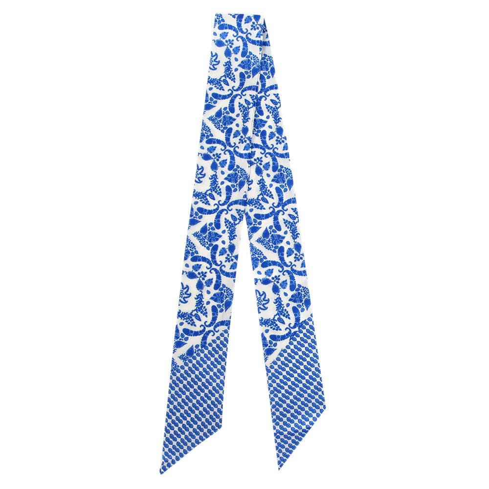 Classic Vintage Floral Motif Print Silk Feel Twilly Skinny Scarf