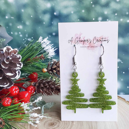 Light Green Glitter Ribbon Christmas Tree Acrylic Earrings
