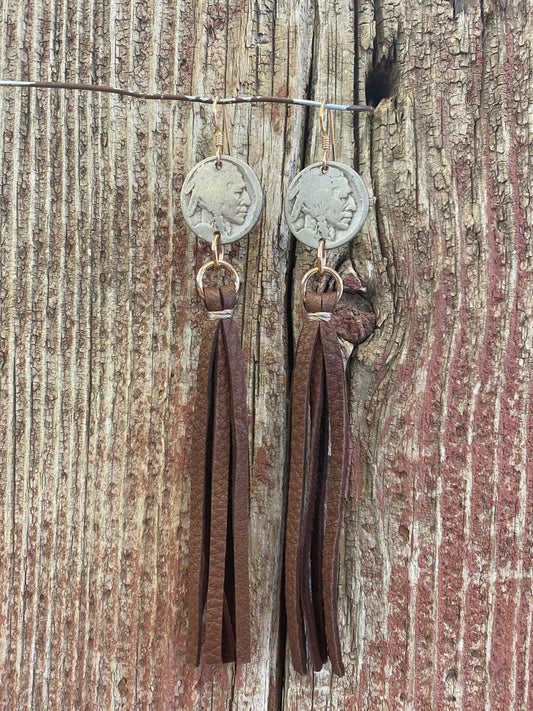 Buffalo Nickel w/Leather Tassel Earrings