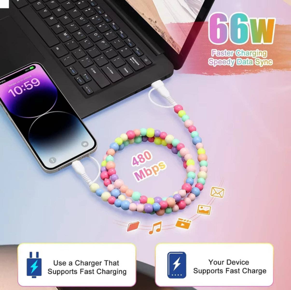 Silver Pearl Beaded 4-IN-1 Charging Cable