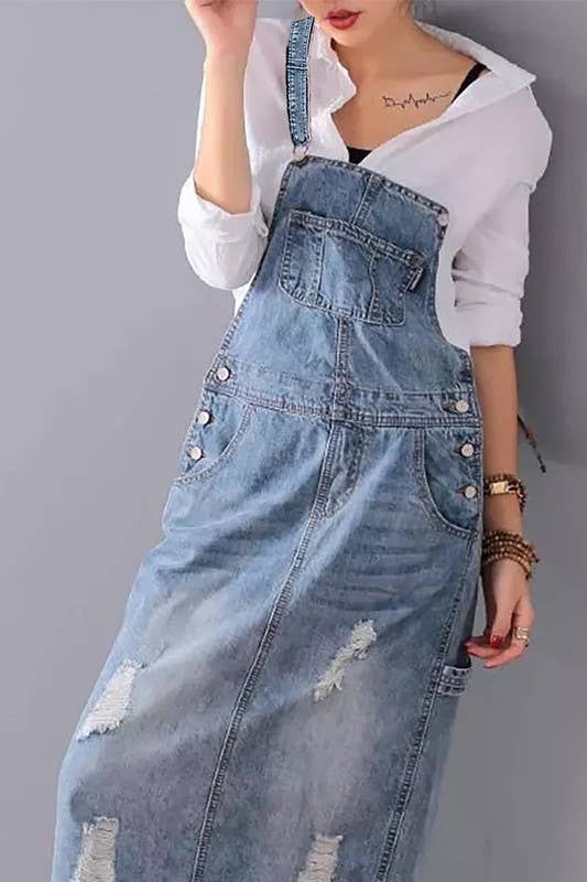 Distressed Ripped denim overall dress