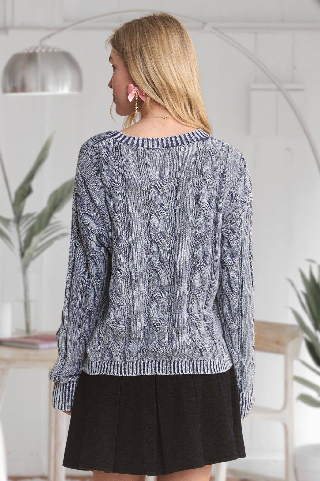 MINERAL WASHED CABLE KNIT SWEATER TOP