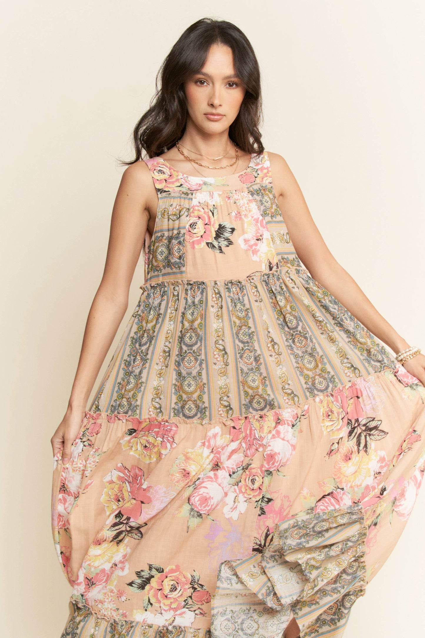 FLORAL BOHO STRIPE MIXED FULL SKIRT MIXI DRESS