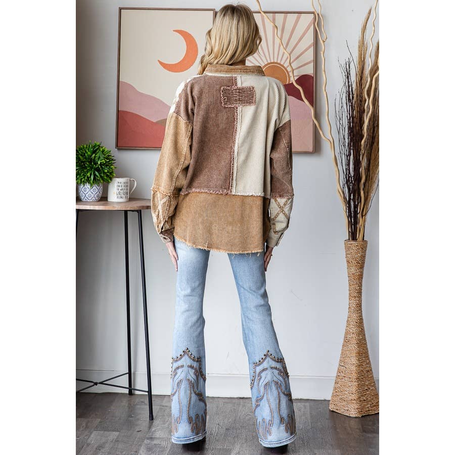 WASHED CORDUROY COLORBLOCK BUTTON DOWN SHACKET