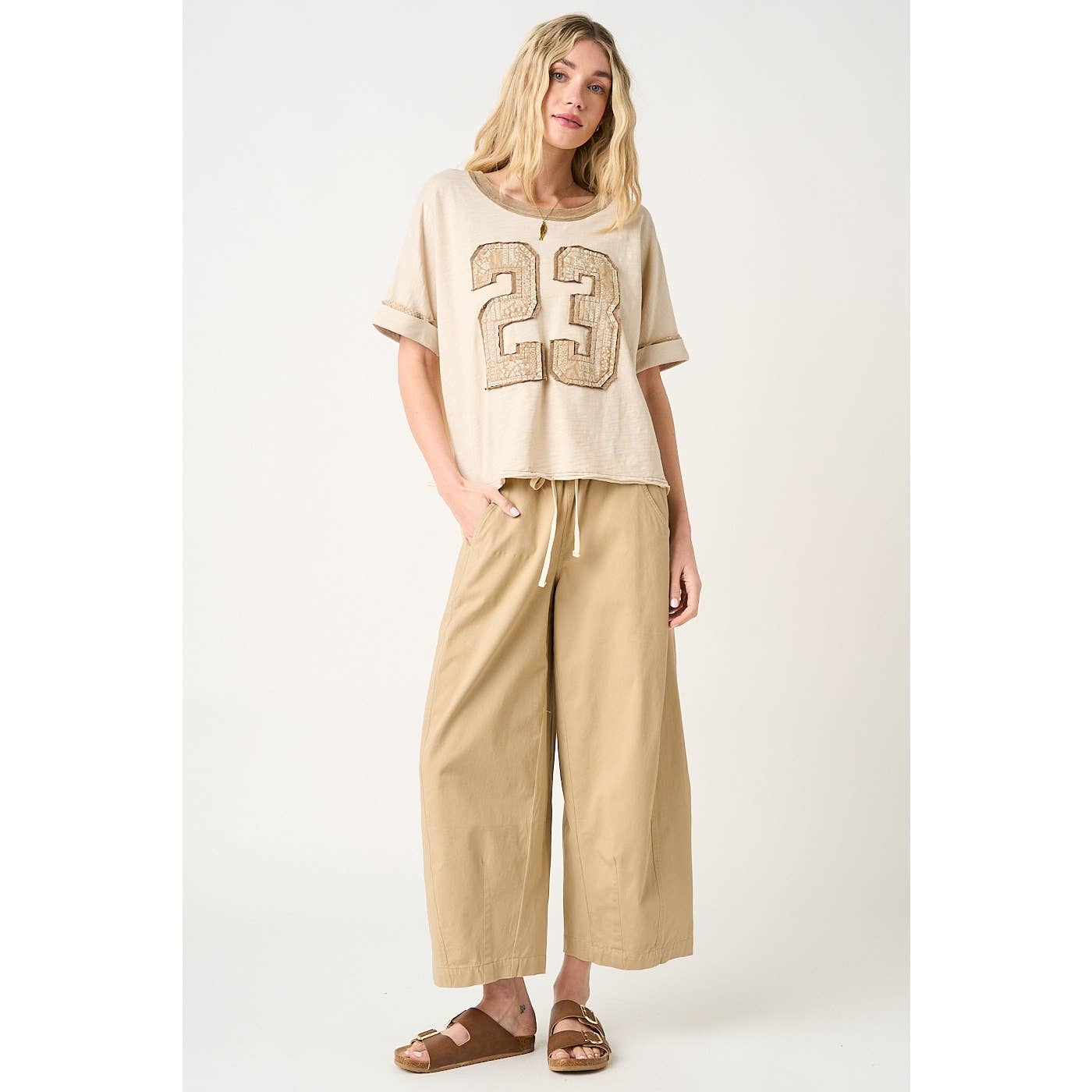 WIDE BARREL LEG DRAWSTRING ELASTIC WAIST PANTS