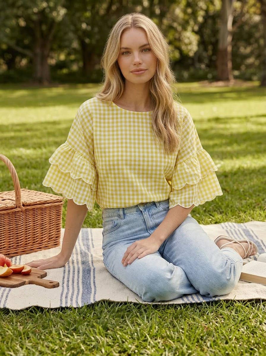 Charming Gingham Scallop Edge Wild Ruffle Cotton Top VT83548