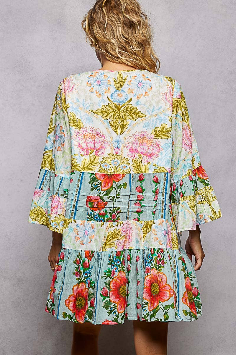 3/4 Sleeveless V-neck Seashell Shape Printed Woven Dress