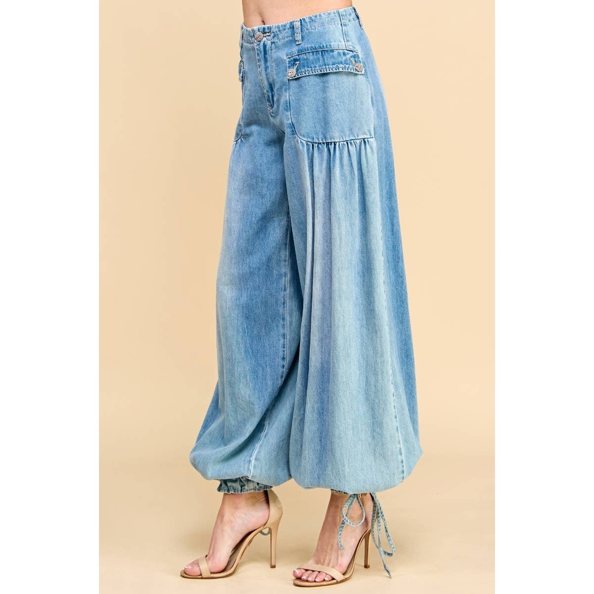 Ankle Drawstring Wide Denim Pants