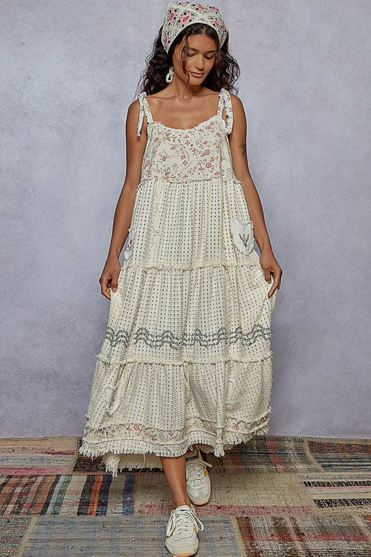 Sleeveless ruffle strap textured woven denim maxi dress