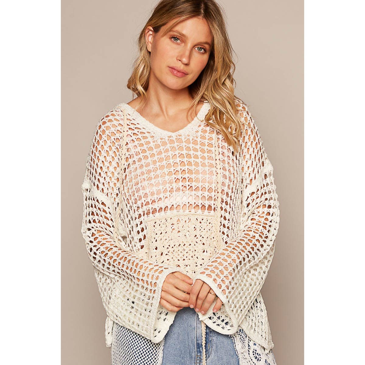 V-neck long sleeve crochet front pockets hoodie sweater