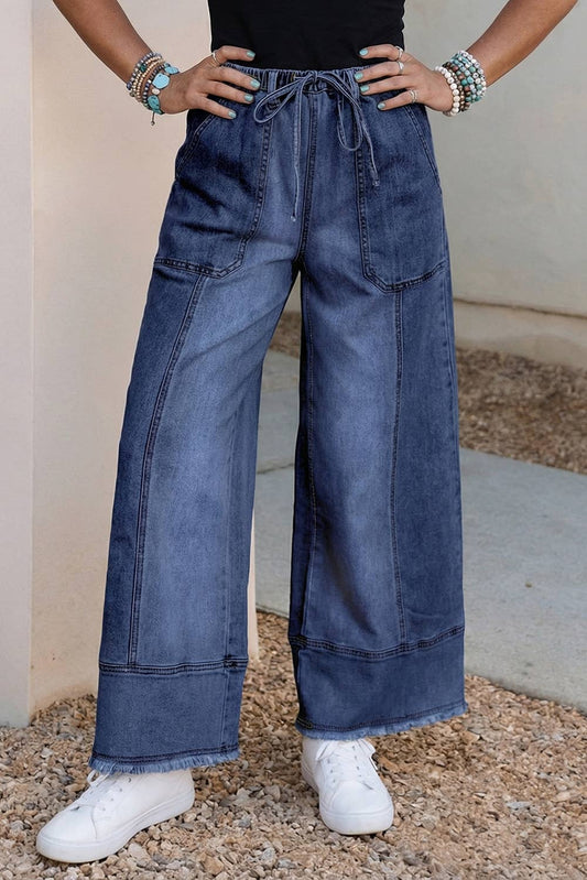 Drawstring Seam Detail Raw Hem Wide Leg Denim Pants
