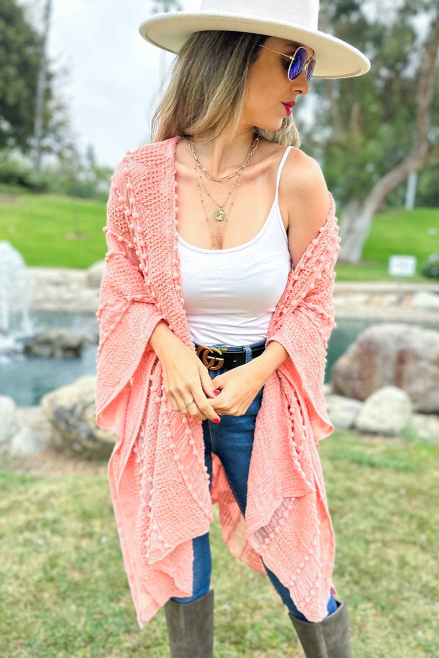 Lt. Coral Rose 3D Textured Open Front Soft Kimono Cardigan