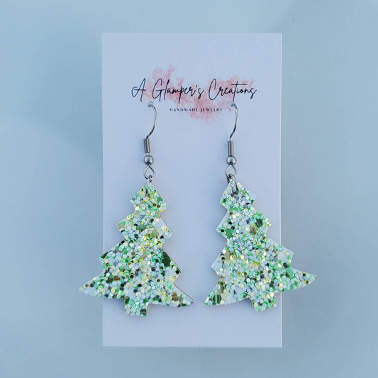 Green Glitter Mix Christmas Tree Leather Earrings