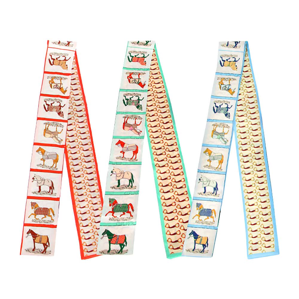 Equestrian-inspired Horse Frame Pattern Print Silk Feel Twilly Skinny Scarf