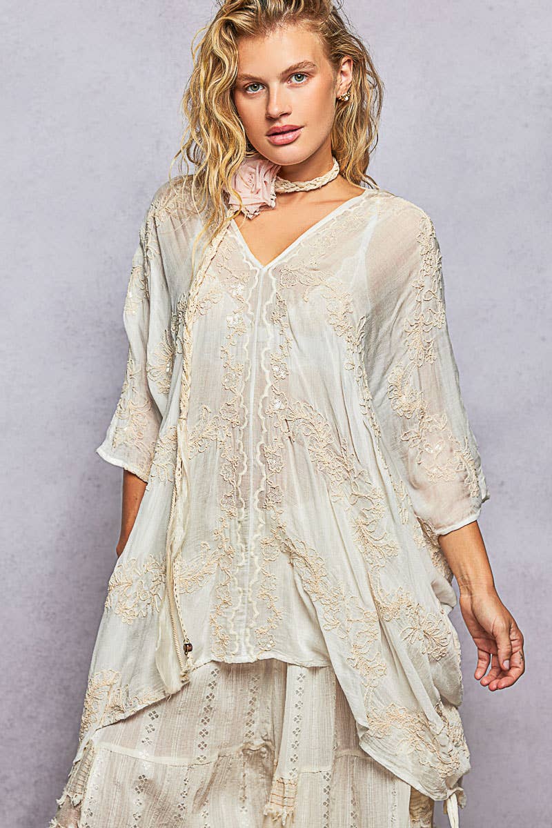 V-Neck 3/4 Sleeve Embroidered Kimono Top with Back Tassel