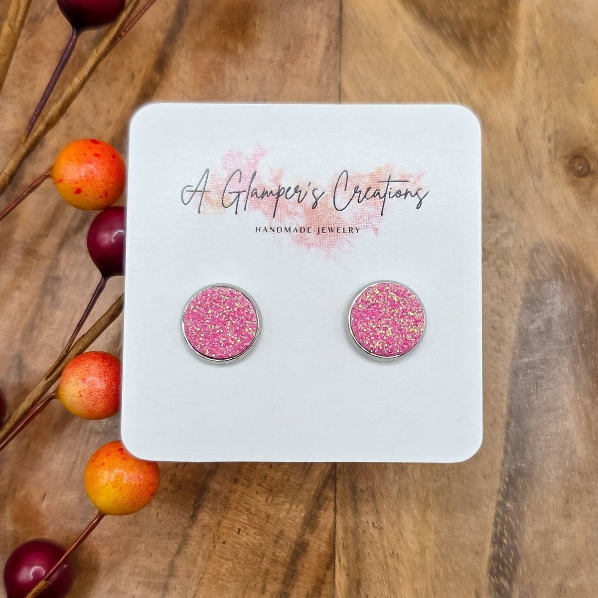 Pink Glitter Leather Stainless Steel Stud Earrings - 10 mm