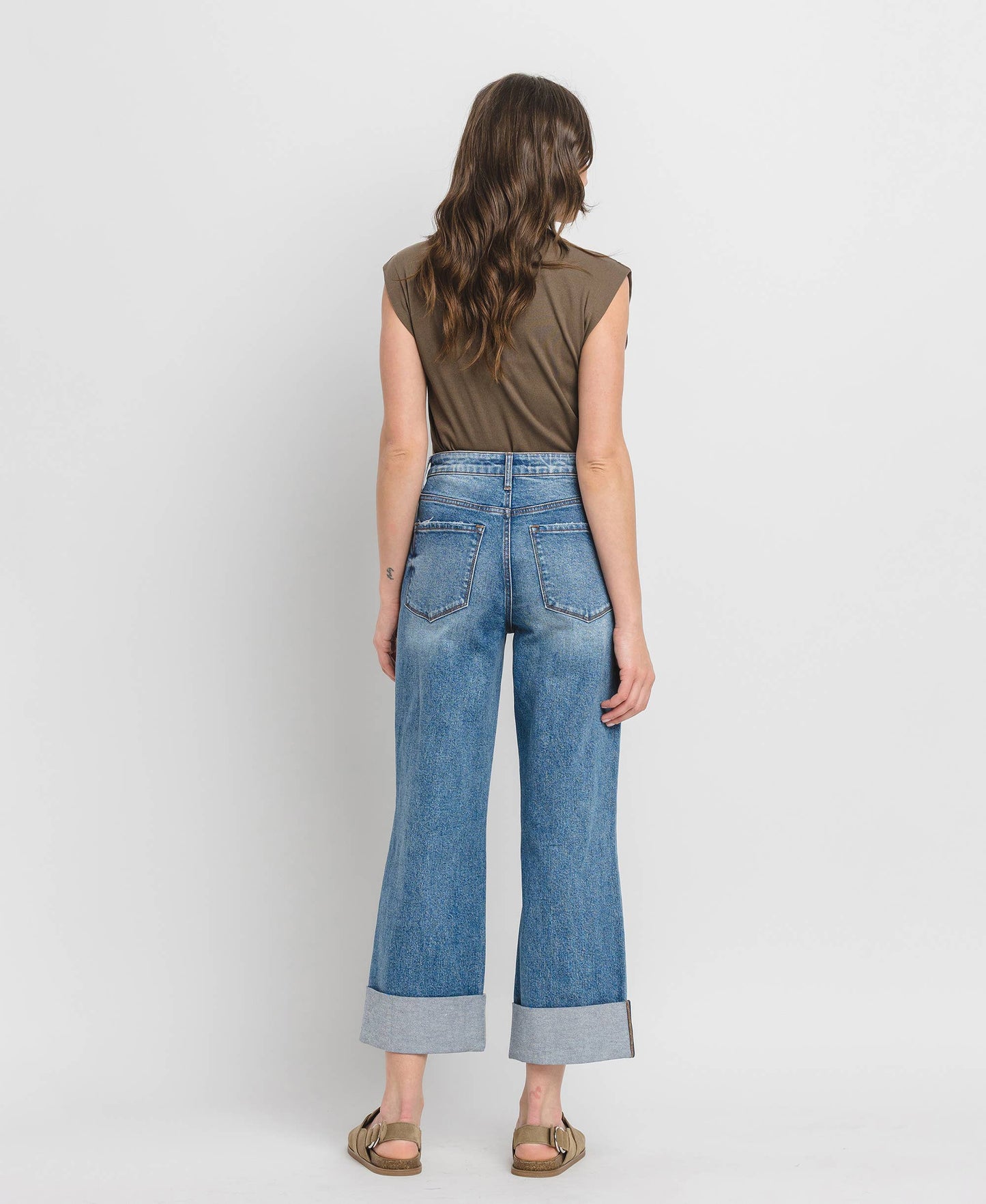 SUPER HIGH RISE DOUBLE CUFFED BAGGY WIDE JEANS LV1459