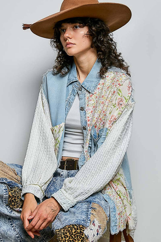 Long Sleeve Contrast Twill Panel Detail Shirts