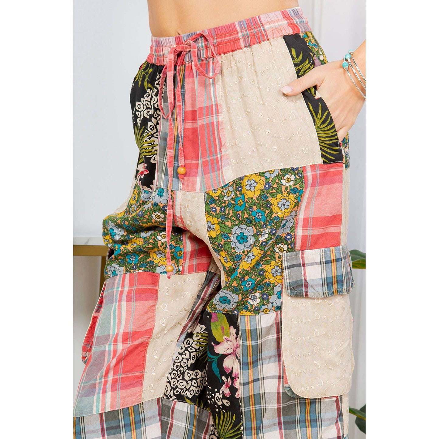 Bohemian Patchwork Straight Pant Plaid & Schiffli Embroidery