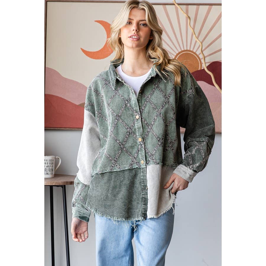 WASHED CORDUROY COLORBLOCK BUTTON DOWN SHACKET