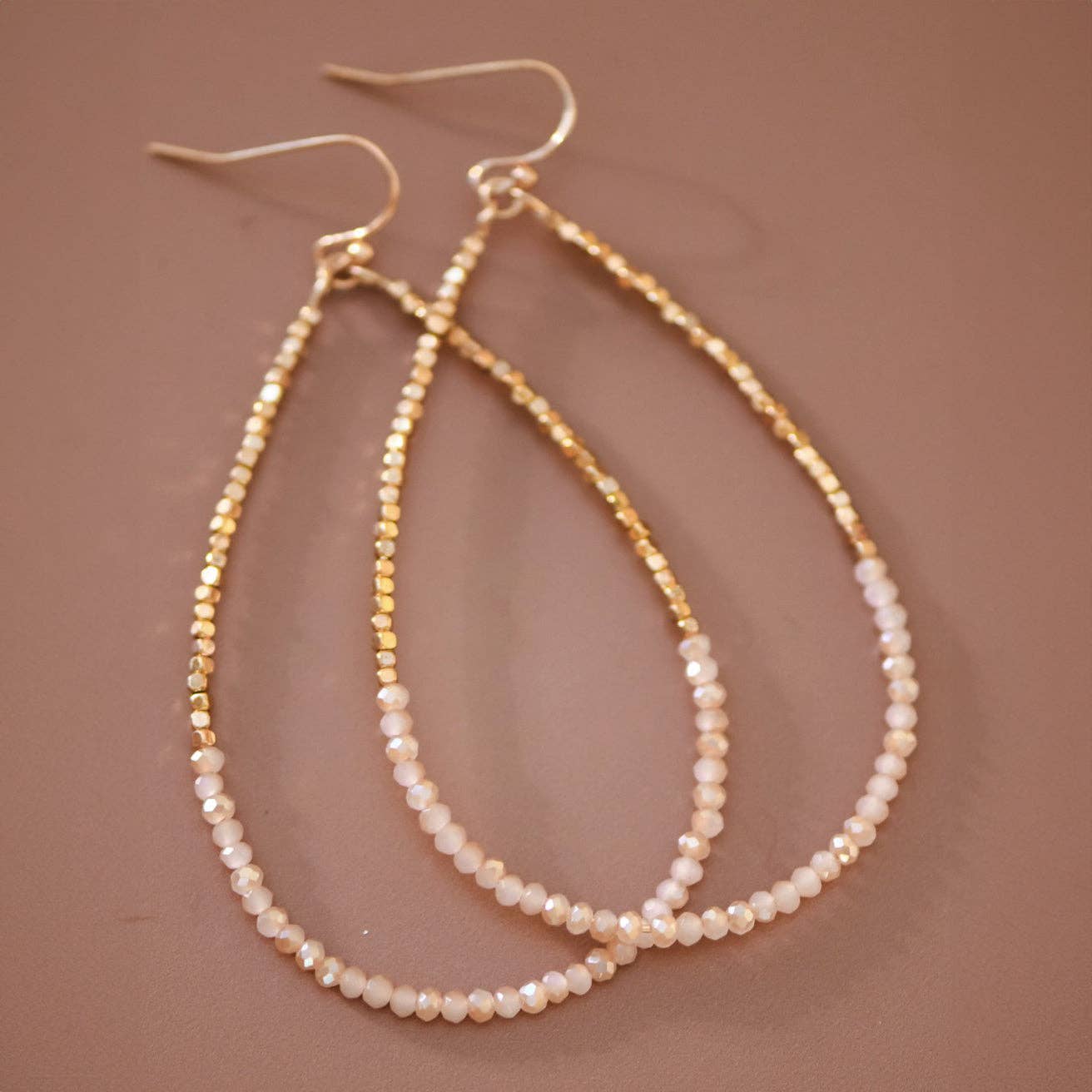 Gold Beaded Hollow Drop Earrings with Glass Beads - 5956