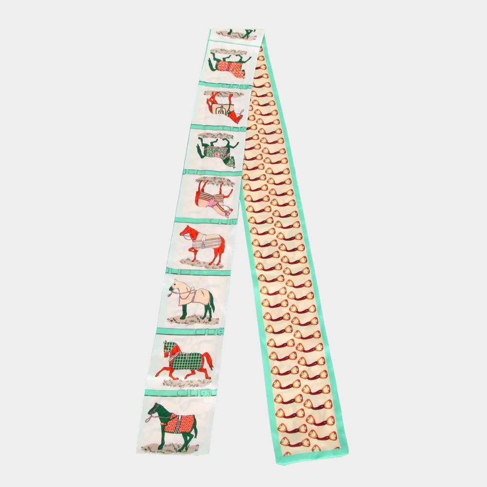 Equestrian-inspired Horse Frame Pattern Print Silk Feel Twilly Skinny Scarf