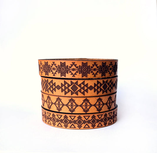 Western Boho Engraved Leather Bracelet Cuff - Snap Button