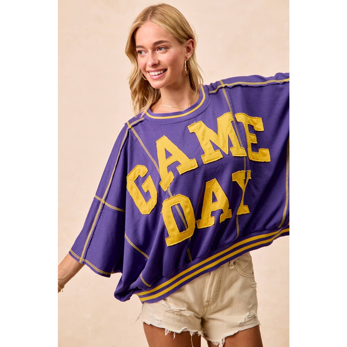 GAMEDAY PATCHWORK STITCH DETAIL FRENCH TERRY TOP