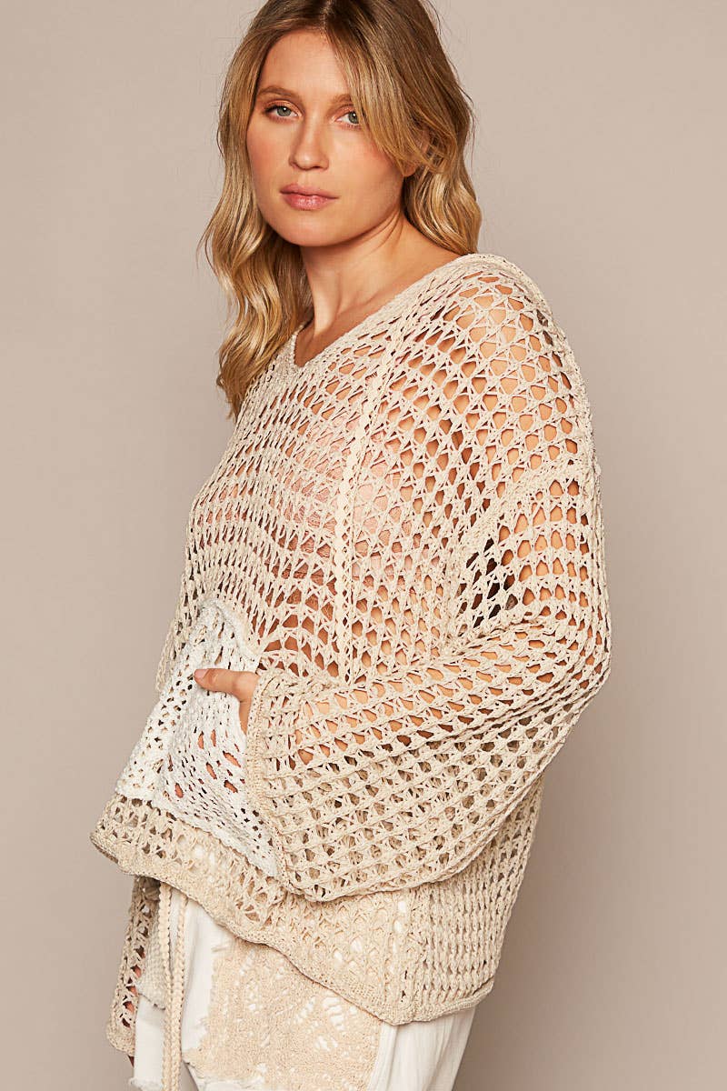 V-neck long sleeve crochet front pockets hoodie sweater