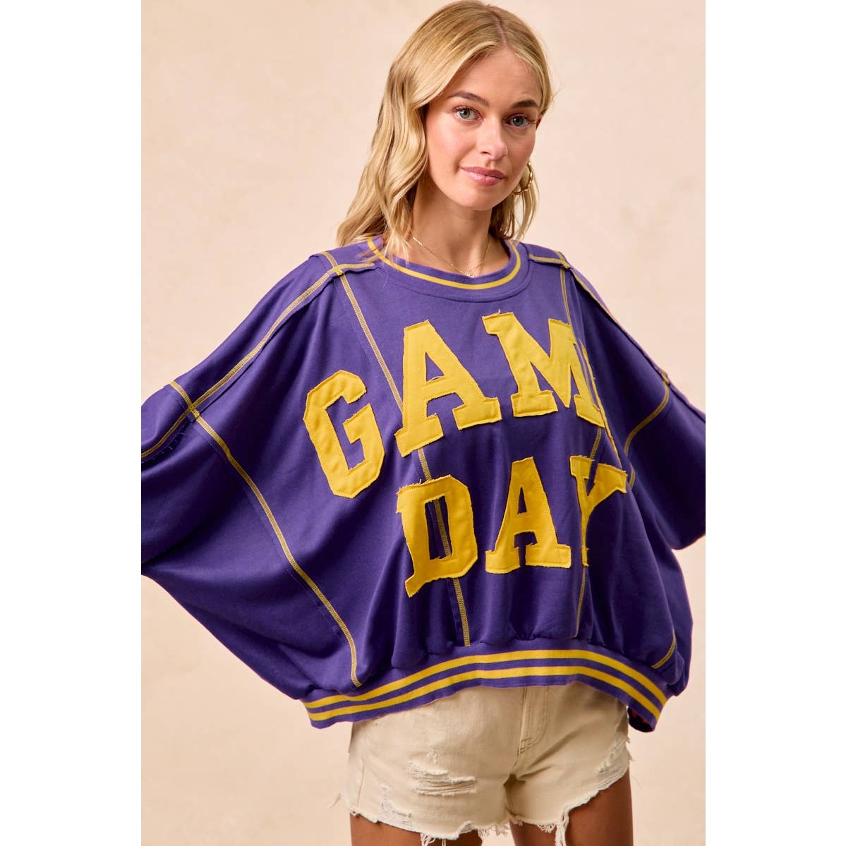 GAMEDAY PATCHWORK STITCH DETAIL FRENCH TERRY TOP