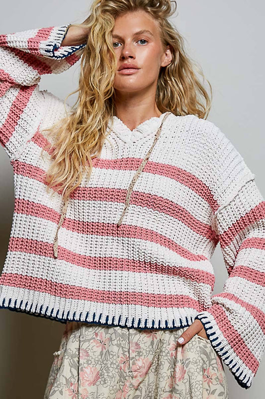 Hoodie V-neck Striped Long Sleeve Stitch Chenille Sweater