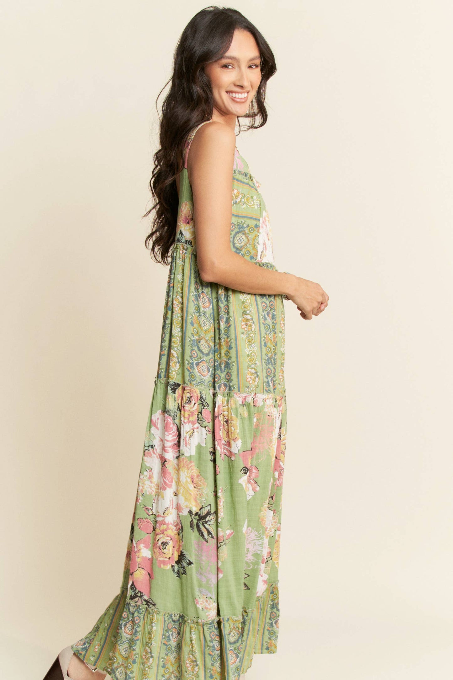 FLORAL BOHO STRIPE MIXED FULL SKIRT MIXI DRESS