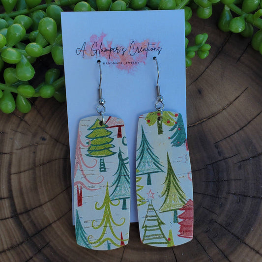 Quirky Christmas Trees Bar Leather Earrings