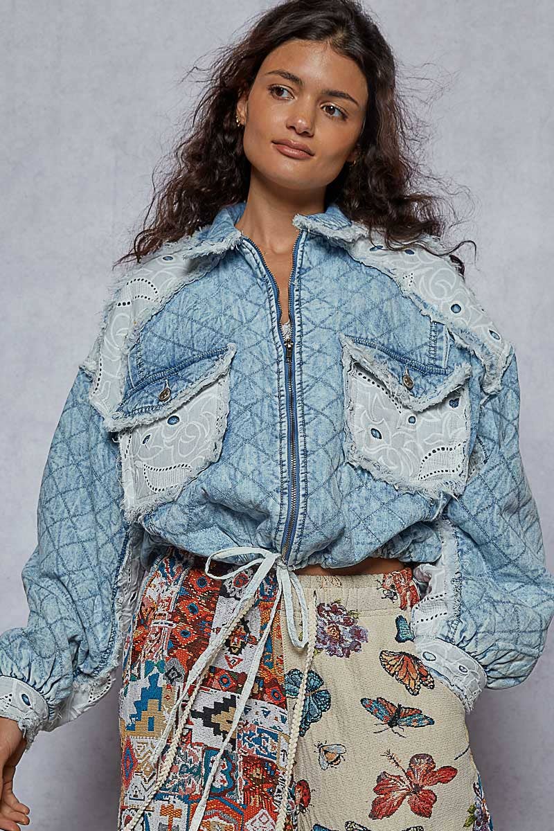 Vintage washing solid lace patch quilting woven jacket