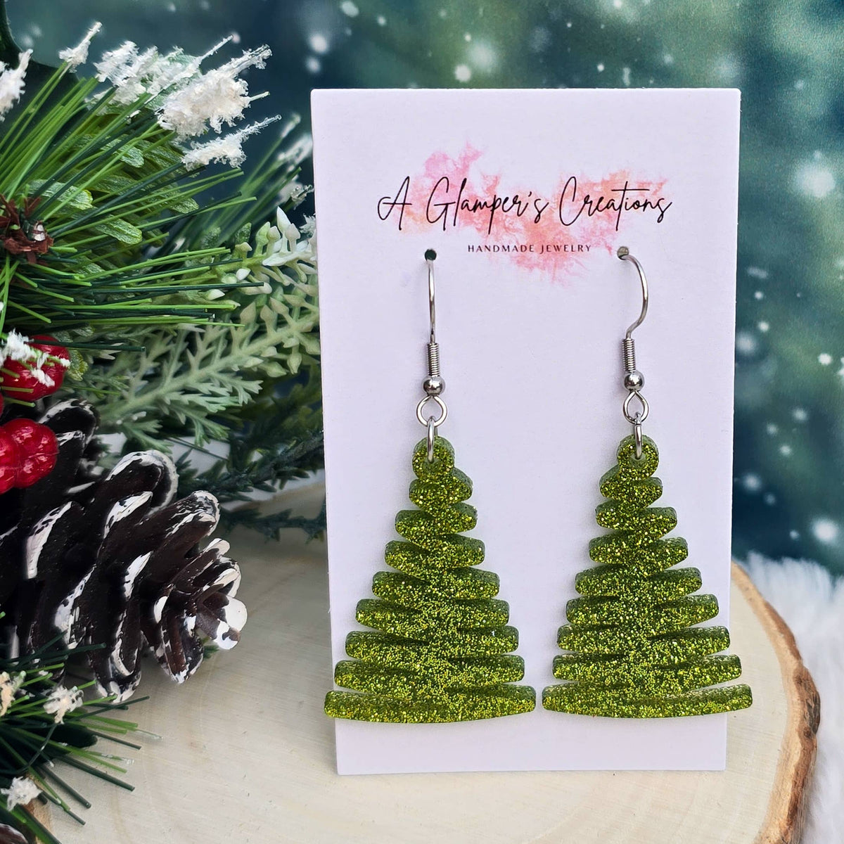 Light Green Glitter Christmas Ribbon Tree Acrylic Earrings