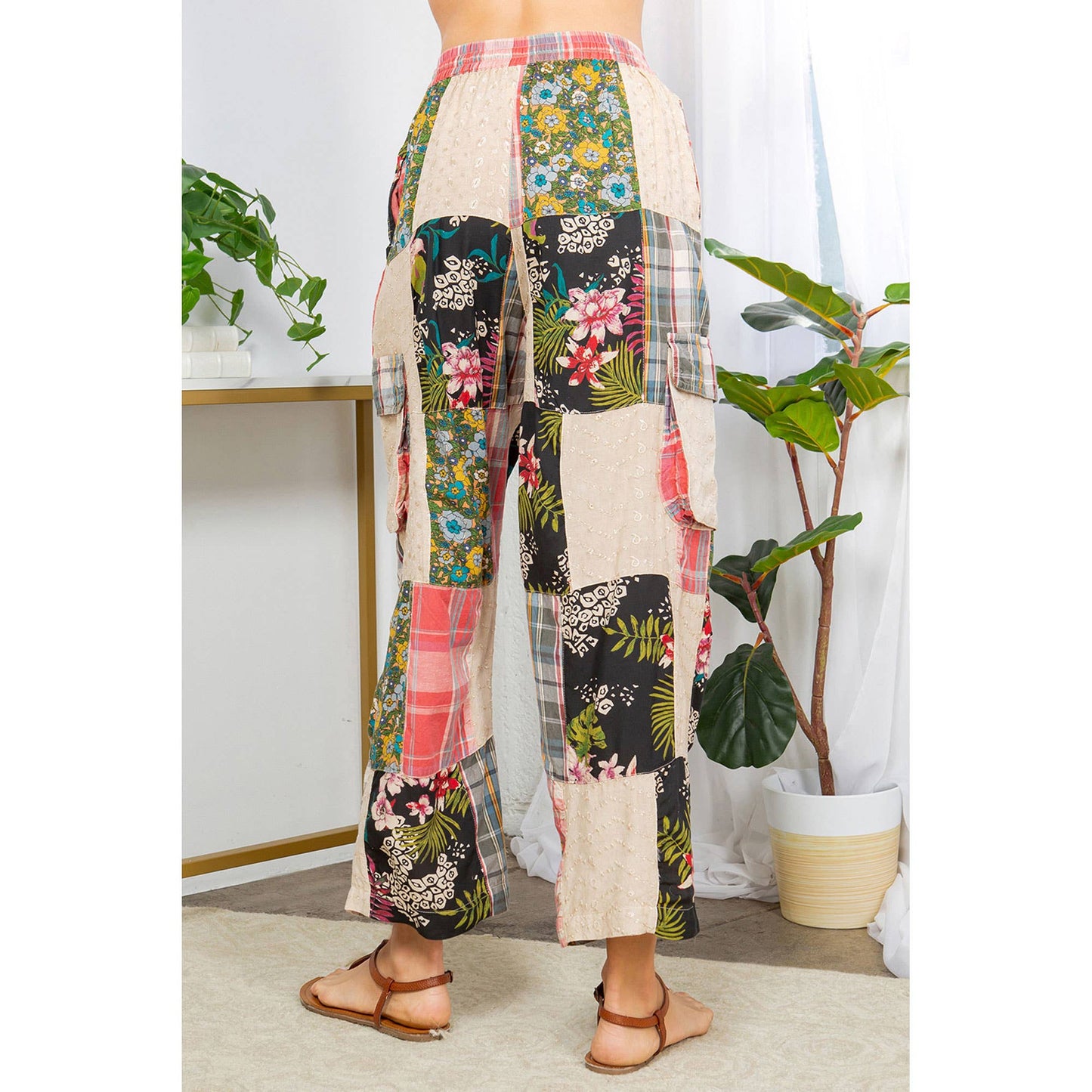 Bohemian Patchwork Straight Pant Plaid & Schiffli Embroidery