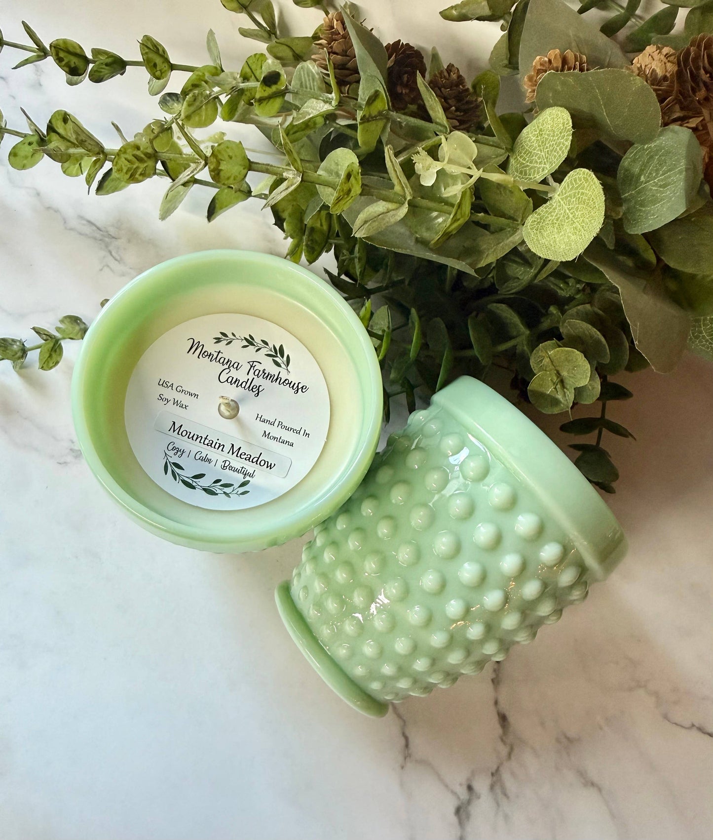 Green "Jadeite" Hobnail Tumbler Candle - 9 ounces.